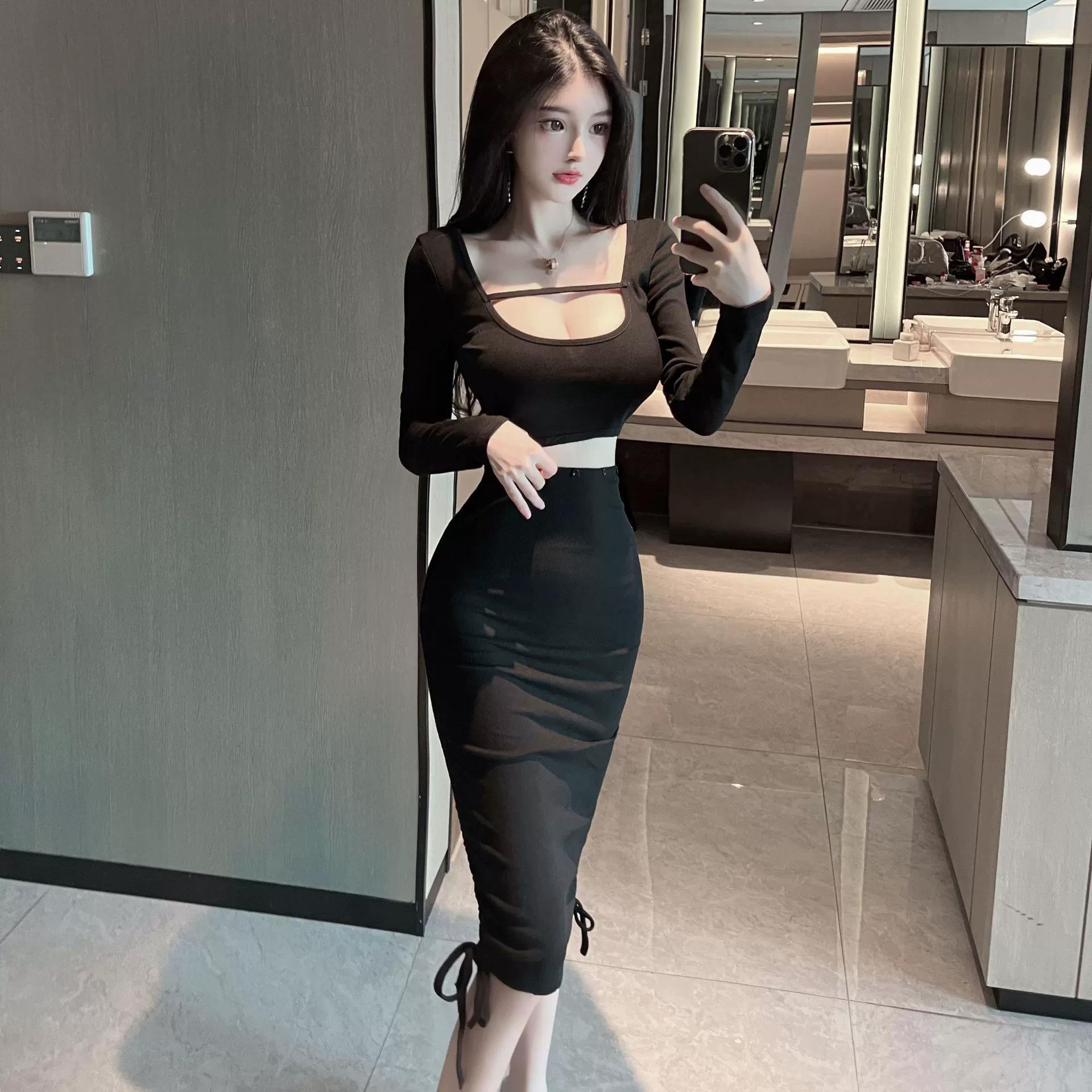Korean Sexy Long Sleeve Square Neck Top & Short Skirt W1024 Wanita Celana Setelan Panjang Crop Baju Casual Jumpsuit Atasan Pendek Simple Dewasa Linen Hitam Stretch