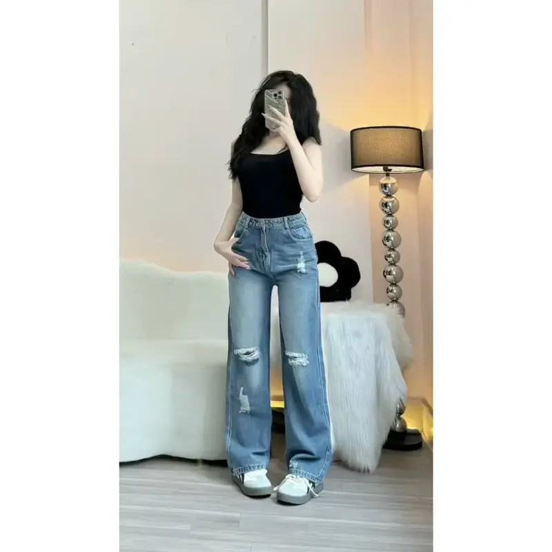 Quần Jean Rách Hugo store , Quần Bò Nữ Ống Suông Màu Xanh Rêu T1 Pants Women Kem quansuong  namlun m5 quần xs 3