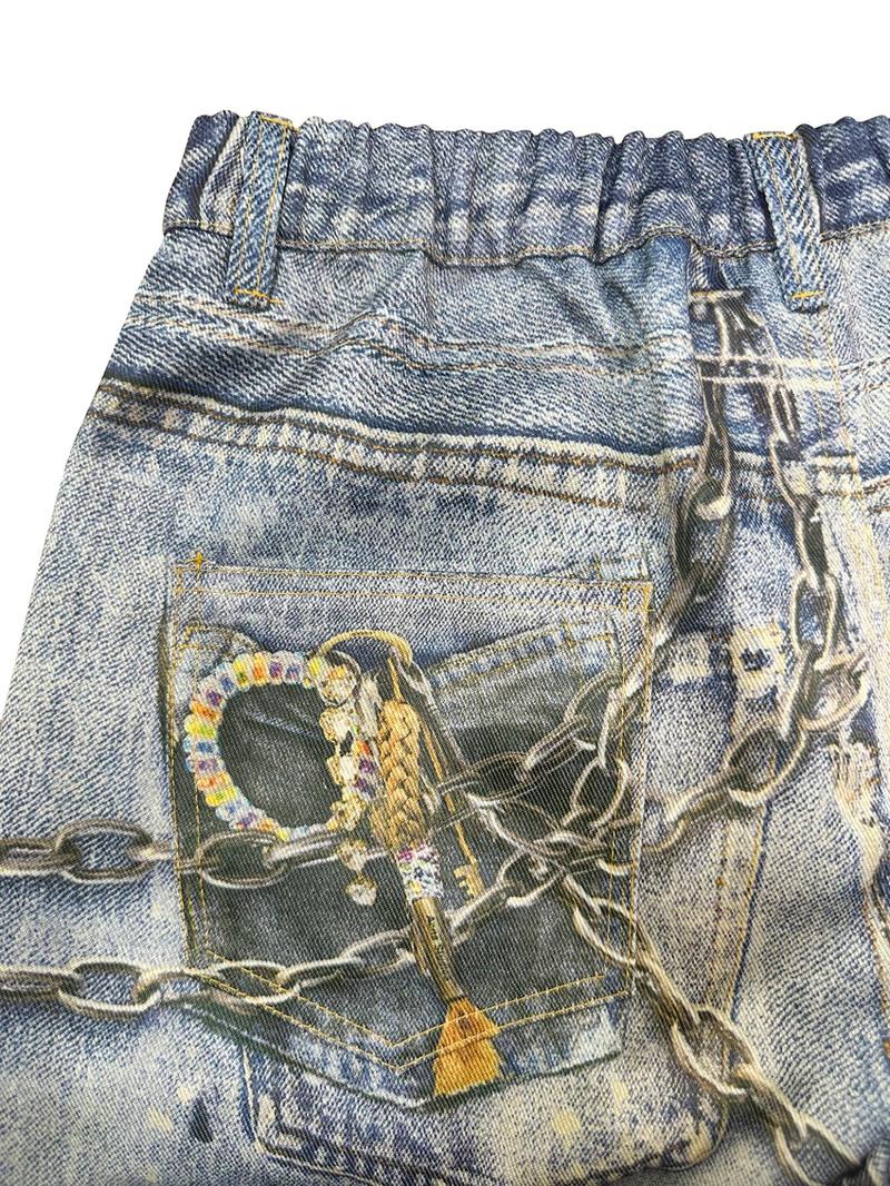 Product Introduction of Women's Denim-effect Print Button Fly  Straight Leg Pants, Casual Pocket Denim-effect Print Trousers for Daily Wear, Ladies Bottoms for All Seasons 6