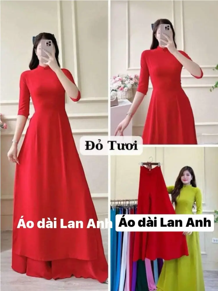 Áo dài truyền thống màu đỏ tươi vải lụa mỹ cao cấp, mềm mịn thấm hút co giãn tốt - tay lỡ