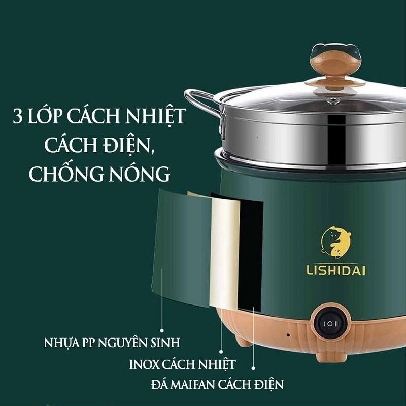 Nồi lẩu điện mini đa năng, ca nấu mì 2 tầng tặng giá hấp nướng, luộc, chiên chống dính Nồi Điện 8