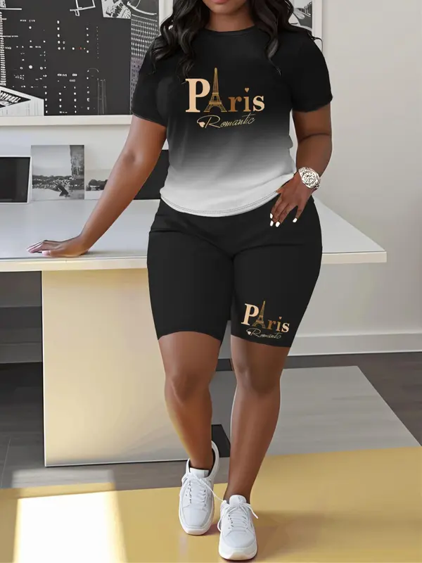 Two-piece Set Women's Ombre Print Short Sleeve Tee & Skinny Shorts, Casual Round Neck T-shirt & Shorts for Daily Wear, Ladies Two-piece for All Seasons, Clothes 6