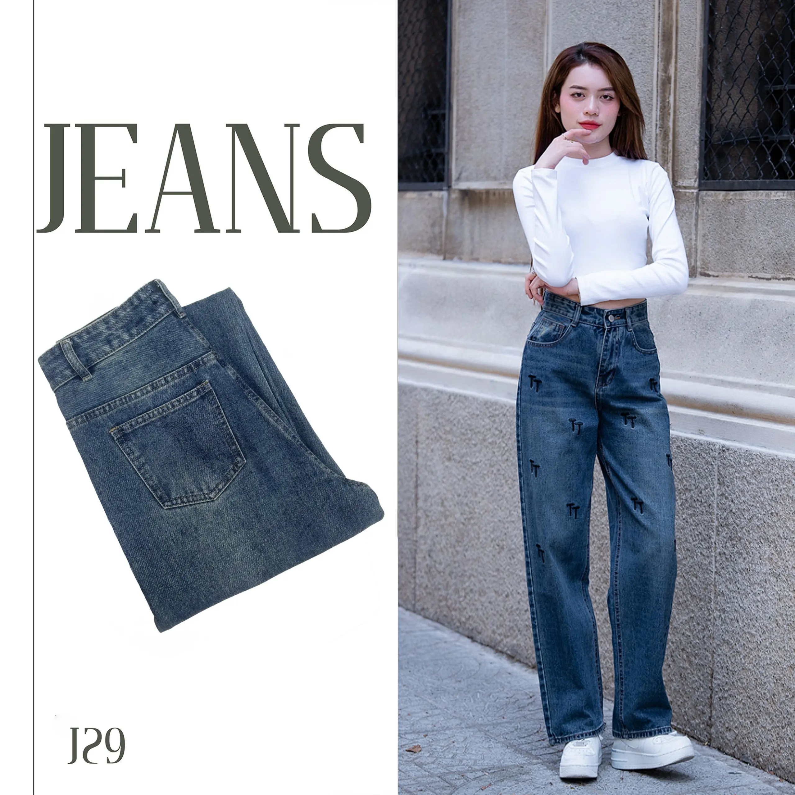 ( J - 29 ) Megalive Quần Jean Điểm Nhấn Thêu Chữ TT Dài 103 Cm đủ size ( S - XXL)  Nữ Pants Women