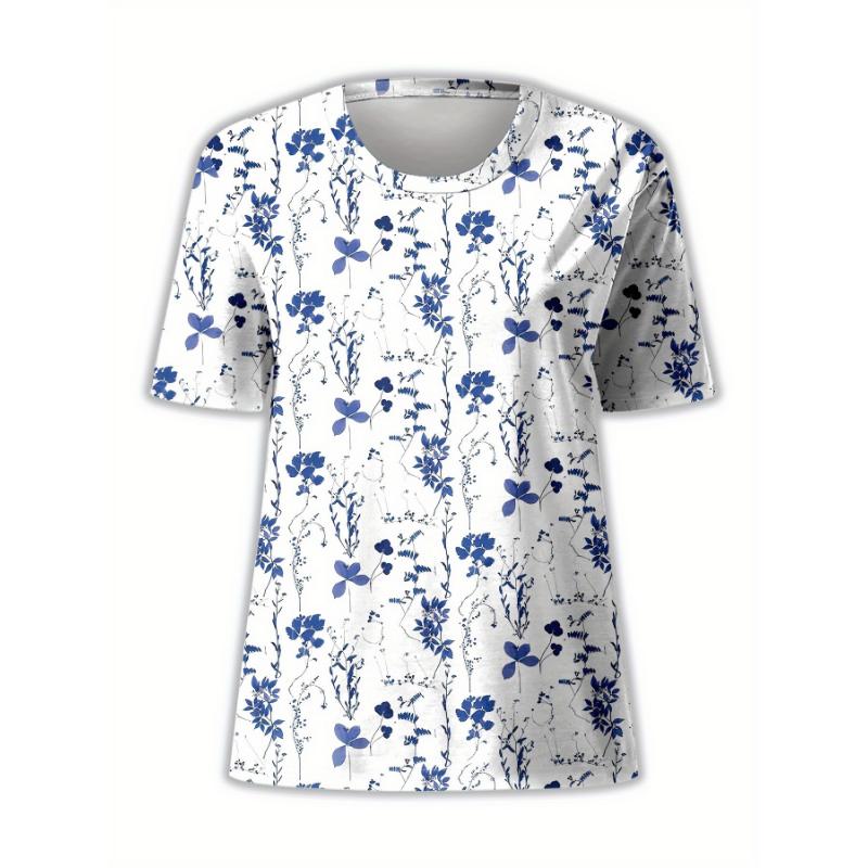 Women's Elegant Floral Print Short Sleeve T-Shirt - Summer Casual Round Neck Top with Blue Floral All-Over Print, Medium Stretch Regular Fit H-Line Tee, Machine Washable, Soft Texture Shirt 2