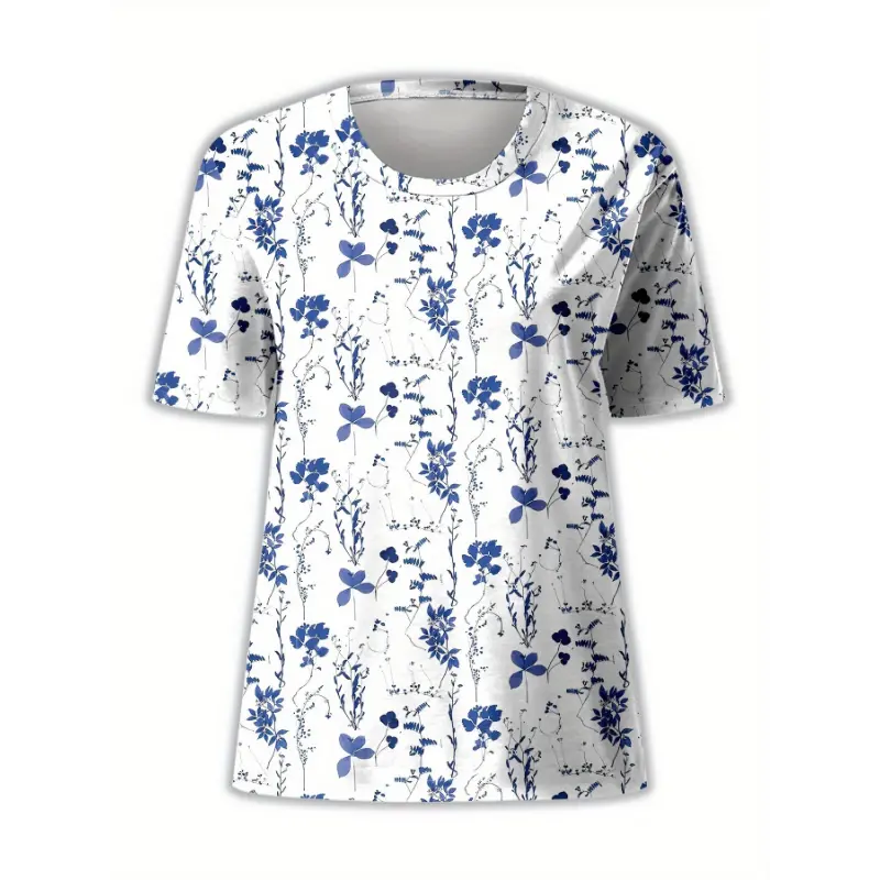 Women's Elegant Floral Print Short Sleeve T-Shirt - Summer Casual Round Neck Top with Blue Floral All-Over Print, Medium Stretch Regular Fit H-Line Tee, Machine Washable, Soft Texture Shirt 2