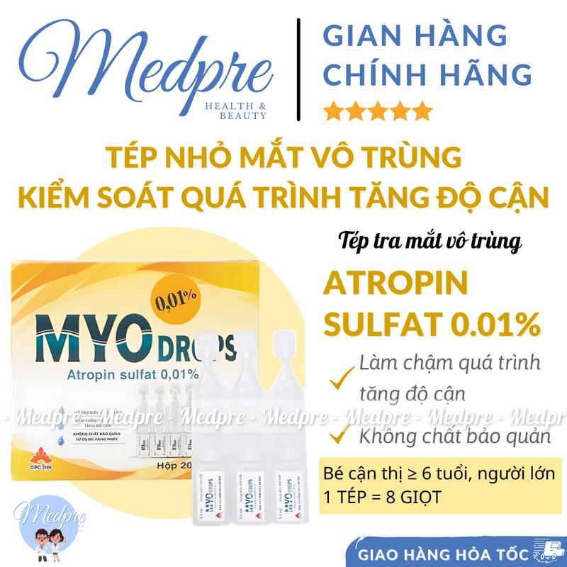 Dung dịch nhỏ mắt MYODROPS 0,01 (Atropin 0,01%) - Làm chậm và kiểm soát quá trình tăng độ cận - Hộp 4 vỉ 20 tép - Medpre 1