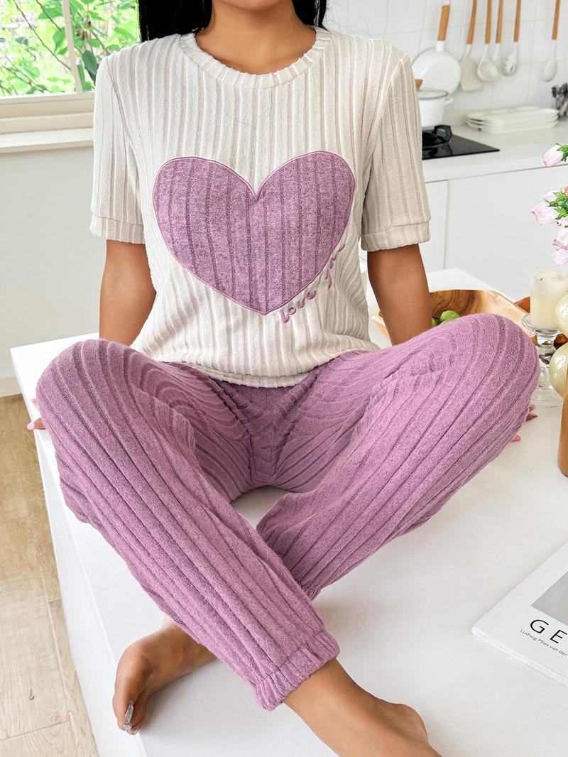 Product Introduction of Women's Love Print & Letter Embroidery Shortsleeve Top & Elastic Waist Pants Pyjama Set, Summer Sets, Valentine's Day Lady Comfortable Round Neck Short Sleeve Tee & Ribbed Trousers Pj Set, Sleepover Supplies for Girls, Gift for Her Loungewear Pajamas 3