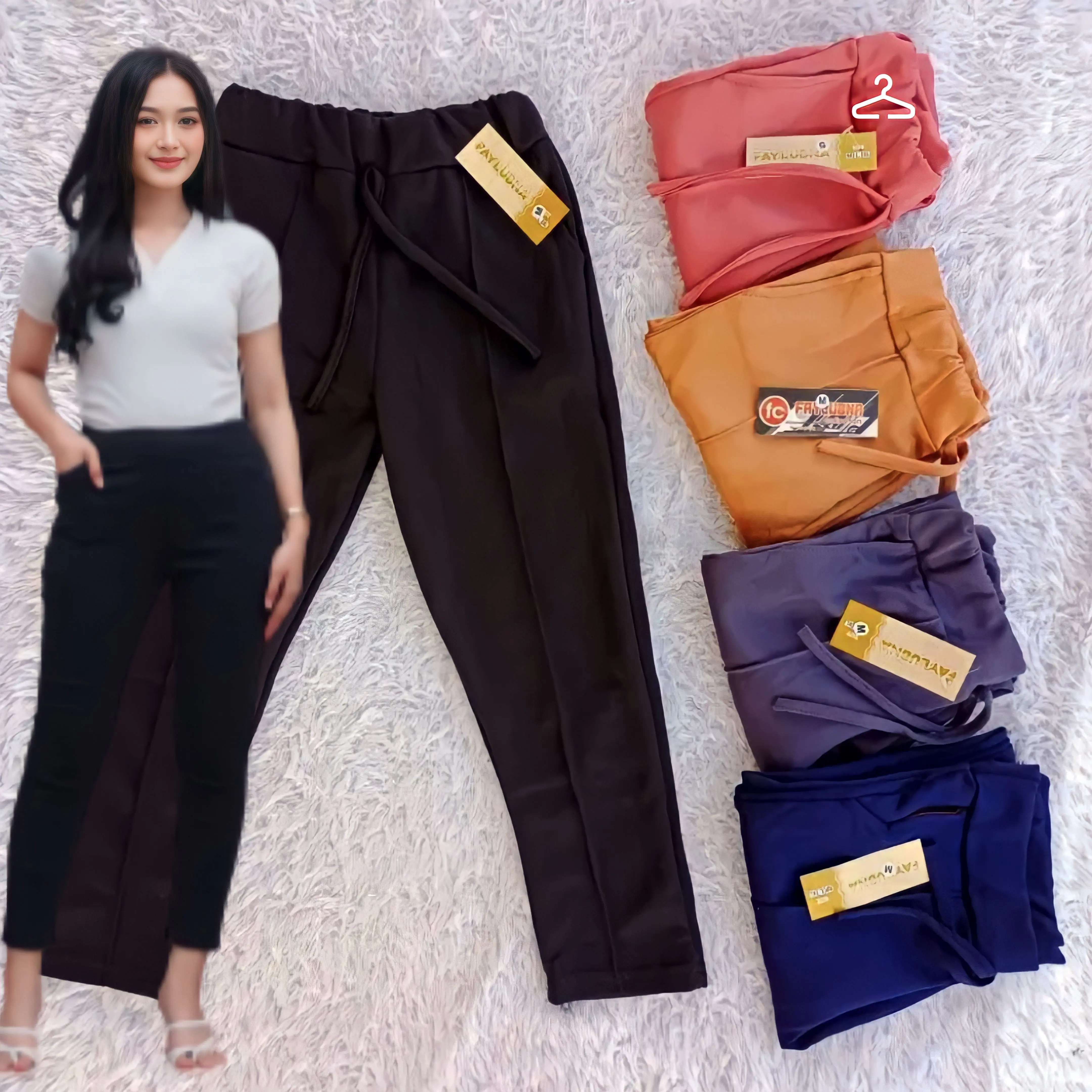 ( 5 PCS ) CELANA PANTS WANITA CUBIT POLOS Fashion Wanita Celana Kerja Wanita Dewasa Pinggang Karet Bahan Crepe