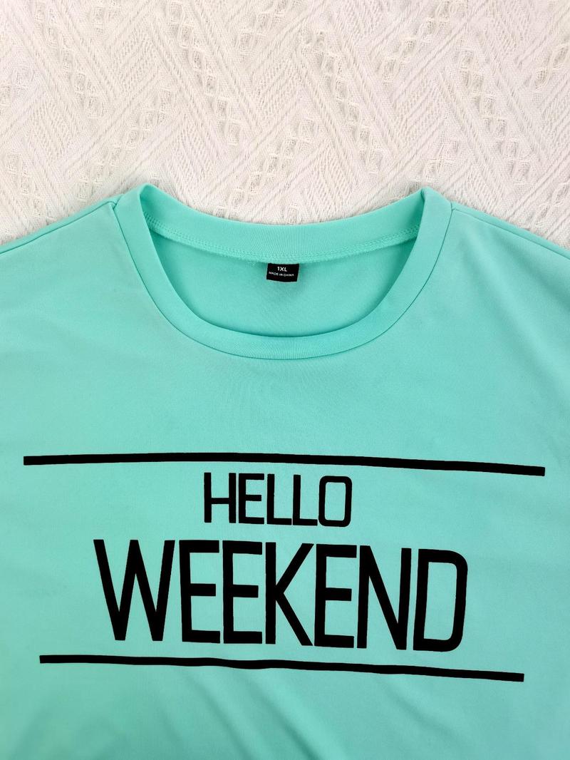 Product Introduction of Plus Size Letter Print Tee & Pants Pyjama, Casual Comfy Round Neck Short Sleeve T-shirt & Trousers PJ Set, Women's Sleepwear for All Seasons 6