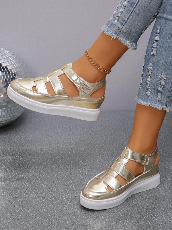 Women's Fashionable Hollow Out Design Velcro Wedges Sandals, Solid Color Platform Sandals, Casual Vacation Beach Sandals, Fashion All-match Summer Sandals for Daily Wear 4