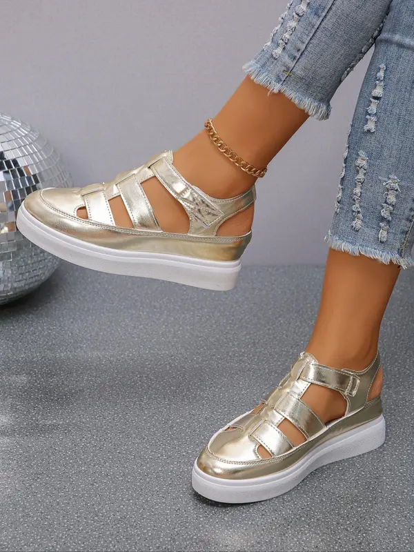 Women's Fashionable Hollow Out Design Velcro Wedges Sandals, Solid Color Platform Sandals, Casual Vacation Beach Sandals, Fashion All-match Summer Sandals for Daily Wear 4