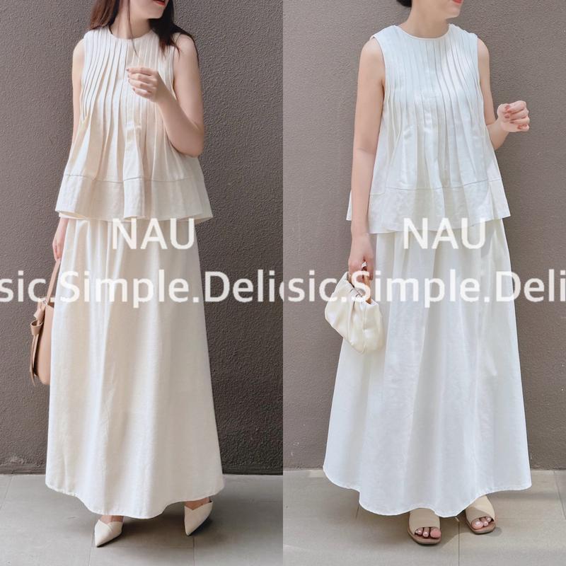Set Linen áo xếp li chân váy xoè dài