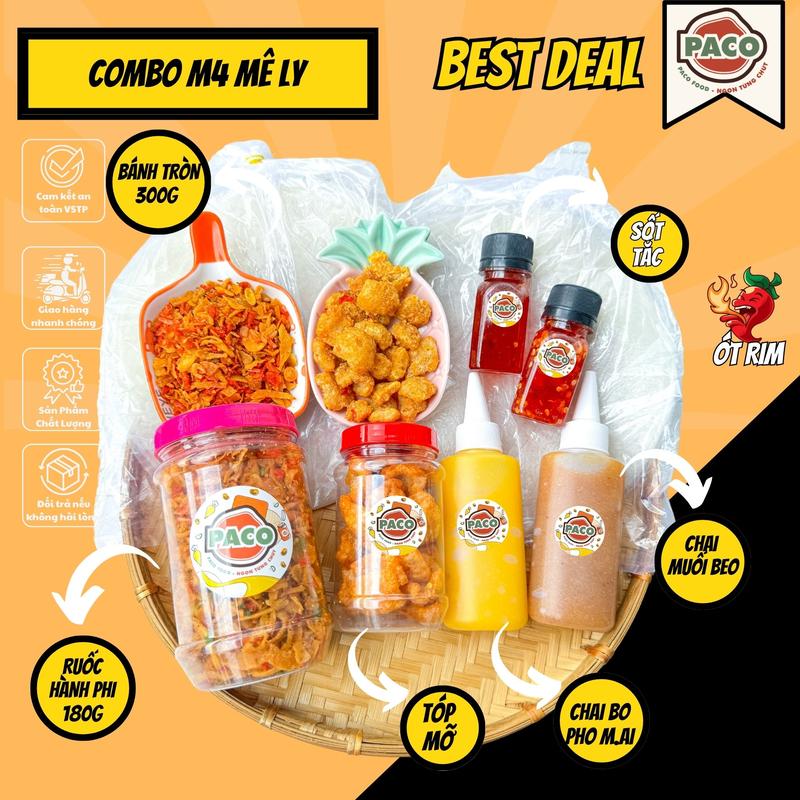 [M4 MÊ LY] combo bánh tráng phơi sương m4 Paco Food 300g bánh 1 hủ ruốc hành 1 hủ tóp mỡ 1 muối beo 1 chai bo 2 sốt-đồ ăn vặt snacks