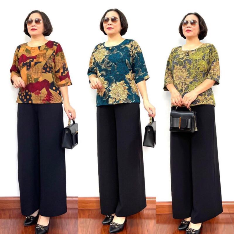 Màu Mới Mã M Đồ Bộ Trung Niên Bộ Áo Tay Lỡ Chất Cát Lụa Hàn Châu +Quần Chất Đũi Ống Rộng Nữ Women