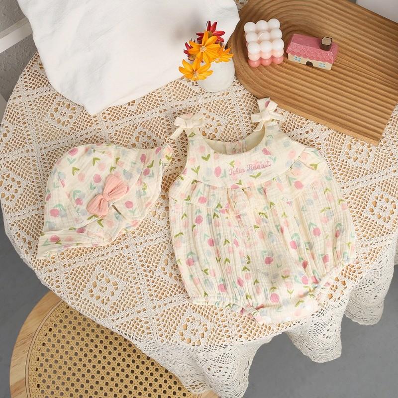 Bộ Đồ Áo Liền Quần Thân Và Mũ Cho Em Bé Gái, Áo Liền Quần Không Tay Mùa Hè, Áo Liền Quần Hoa Cho Bé Gái, Có Mũ Thắt Nơ, Thích Hợp Cho Trẻ Sơ Sinh Trẻ Sơ Sinh 0-2 Tuổi, Quần Áo