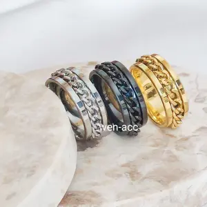 Cincin Bahan Titanium Steel Desain Emboss Warna Warni Gaya Trendy Dengan Rantai Dapat Diputar Untuk Pria Dan Wanita BISA COD!!
