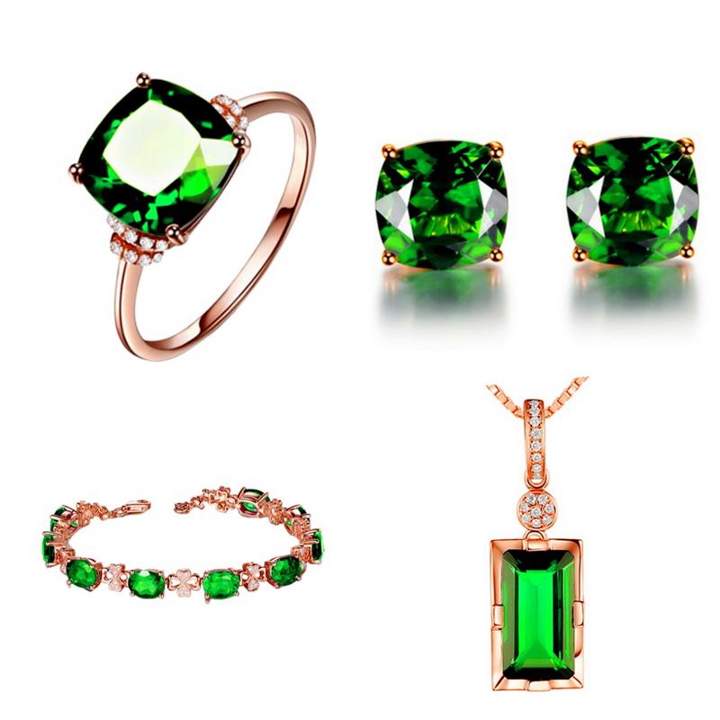 Product Introduction of Rose Gold Plated Emerald Diamond Earrings Ring Pendant Necklace Jewelry Set Exquisite Green Diamond Jewelry cincin perak ring silver silver diamond cincin perak lelaki 0