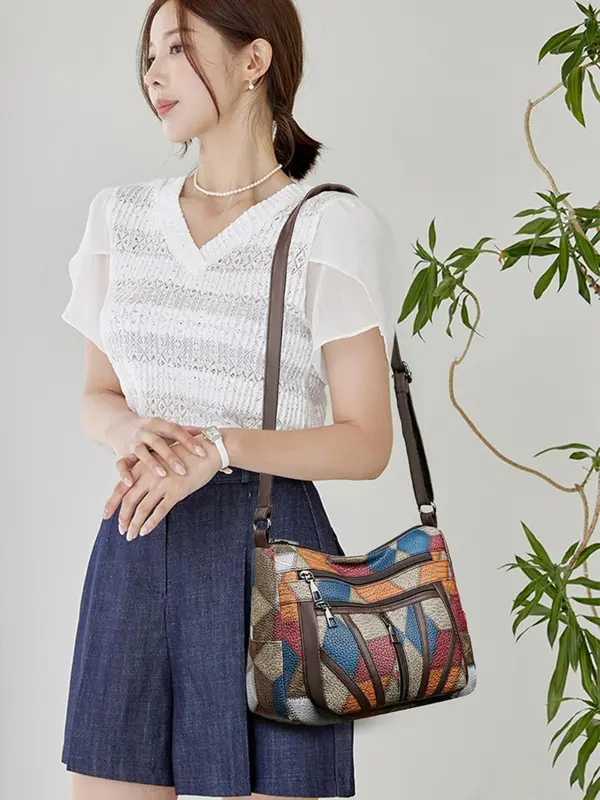 Women's Fashionable Patchwork Design Shoulder Bag, Casual Large Capacity Zipper Crossbody Bag for Work & Daily Used, Trendy Versatile Daily Commuting Bag 6