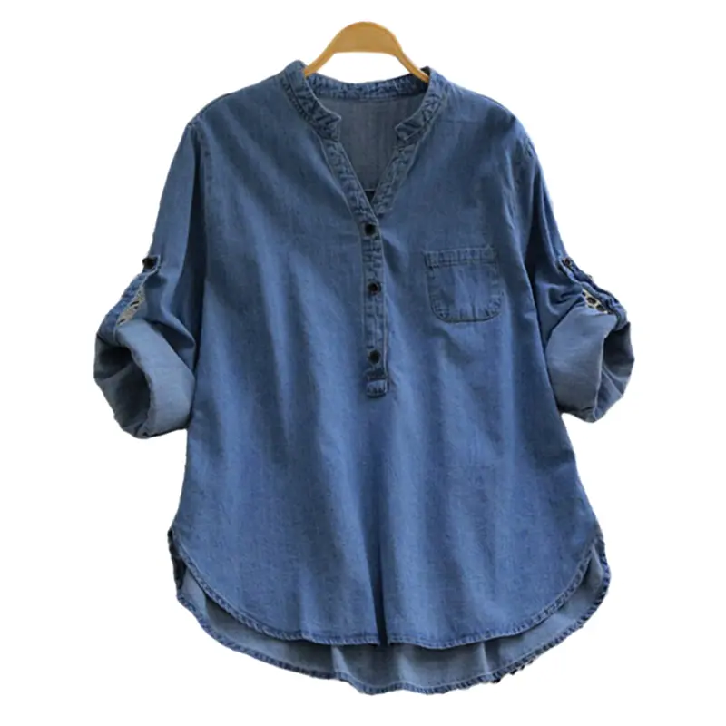 Gonpiny-Áo Sơ Mi Denim Màu Trơn Cho Nữ, Cổ Đứng Nhỏ, Nút Cổ Chữ V, Đường Viền Cổ Áo, Dài Tay, Dáng Rộng, Vừa Vặn, Áo, Thời Trang Dạo Phố 7