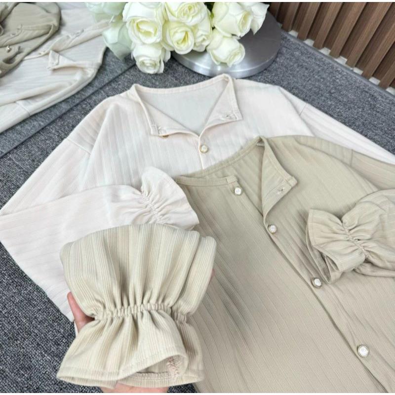 Cardigan Hornet Puffy Knit Korean Style Outer Button Kancing Vintage Wanita Atasan Casual Knitwear 3