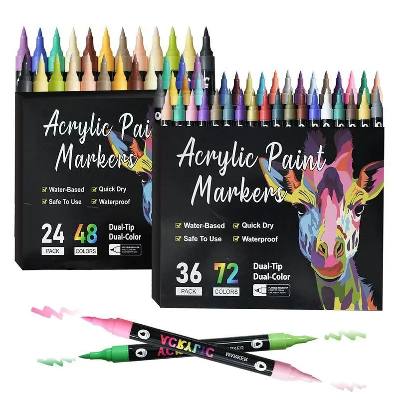 Acrylic Paint Marker Pen Set, 1 Set 12/24/36pcs Double Tip Double Color Acrylic Paint Drawing Marker Pen, Art Supplies for Rock Painting, Wood, Canvas, Stone, Glass