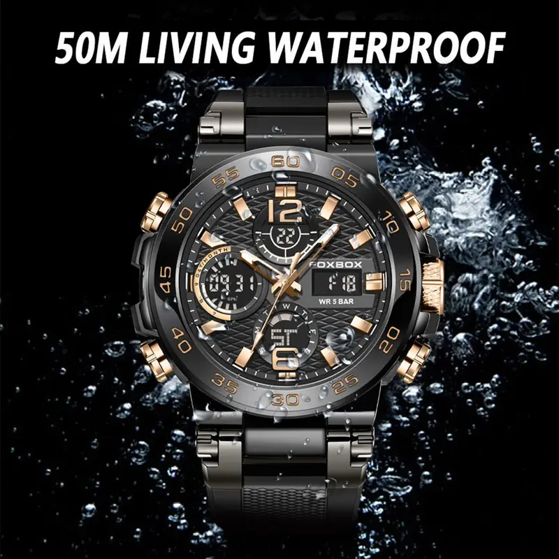 LIGE x FOXBOX jam tangan pria digital modis baru dengan layar ganda jam tangan kuarsa olahraga tahan air bercahaya Watches 4