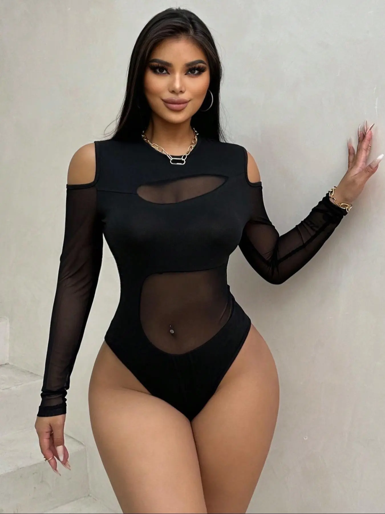 Women's Solid Color Open Crotch Design Bodysuit, Casual Fashion Thong Design Long Sleeve Bodysuit for Daily Wear, Ladies Clothes for All Seasons