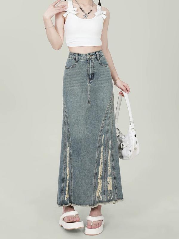 Chân váy jean đuôi cá rách gấu ôm body nữ váy bò dài xẻ tà ngang màu xanh đen V14 - S/M/L/XL 3