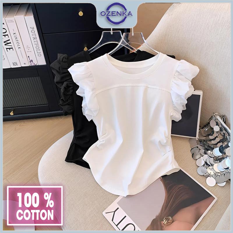 Áo croptop tay hến phồng ngắn sang chảnh ôm nữ ozenka áo crt cổ tròn cộc tay kiểu nhún eo thun cotton đen trắng Women Jean Voi Sơ Mi Shirt Sơ Mi Shirt