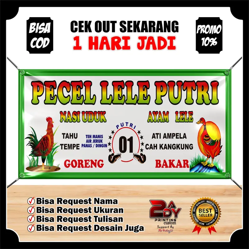 [BISA COD] Spanduk Banner PECEL LELE PUTRI/PUTRA BISA Request Custom Sendiri Free Desain  1 HARI JADI TERMURAH BANGET 0
