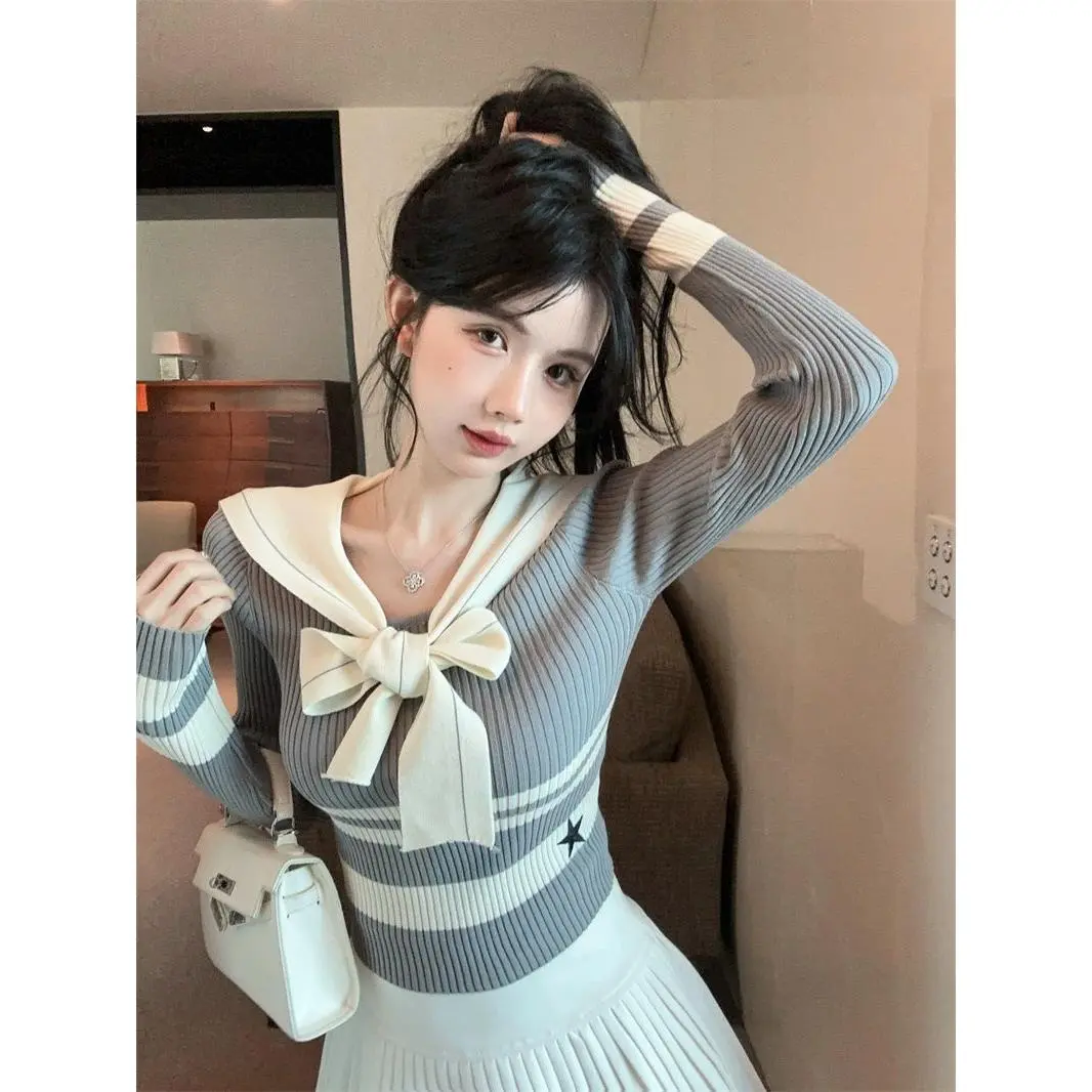 Áo Len Ruy Băng, Phong Cách Preppy, Cổ Thủy Thủ, Dành Cho Nữ, Ngắn, Thích Hợp Cho Mùa Thu Và Mùa Đông, Sọc Dễ Thương Và Gợi Cảm, Có Thể Mặc Ngoài Trời, Áo Trên, 2024