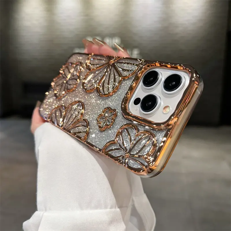 High quality electroplated three-dimensional flower phone case for iPhone 16 11 12 13 14  15 Pro Max  16 plus Anti drop lens protection soft casing phone protective case 0