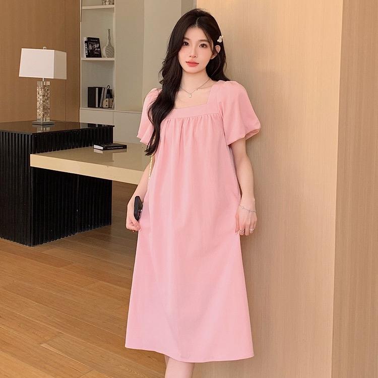 Đầm Bầu Váy Suông [VB24] Tay Bồng Màu Hồng Cổ Vuông 1