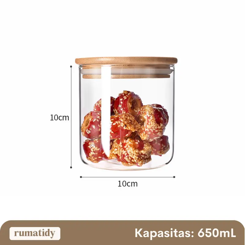 [DIAMETER 10cm] SATUAN MOJA Toples Snack Kaca Bulat Tutup Kayu Borosilicate Diameter 10cm Kedap Udara Makanan Tempat Penyimpanan Cereal Toples Kotak Bening Kontainer Makanan 0