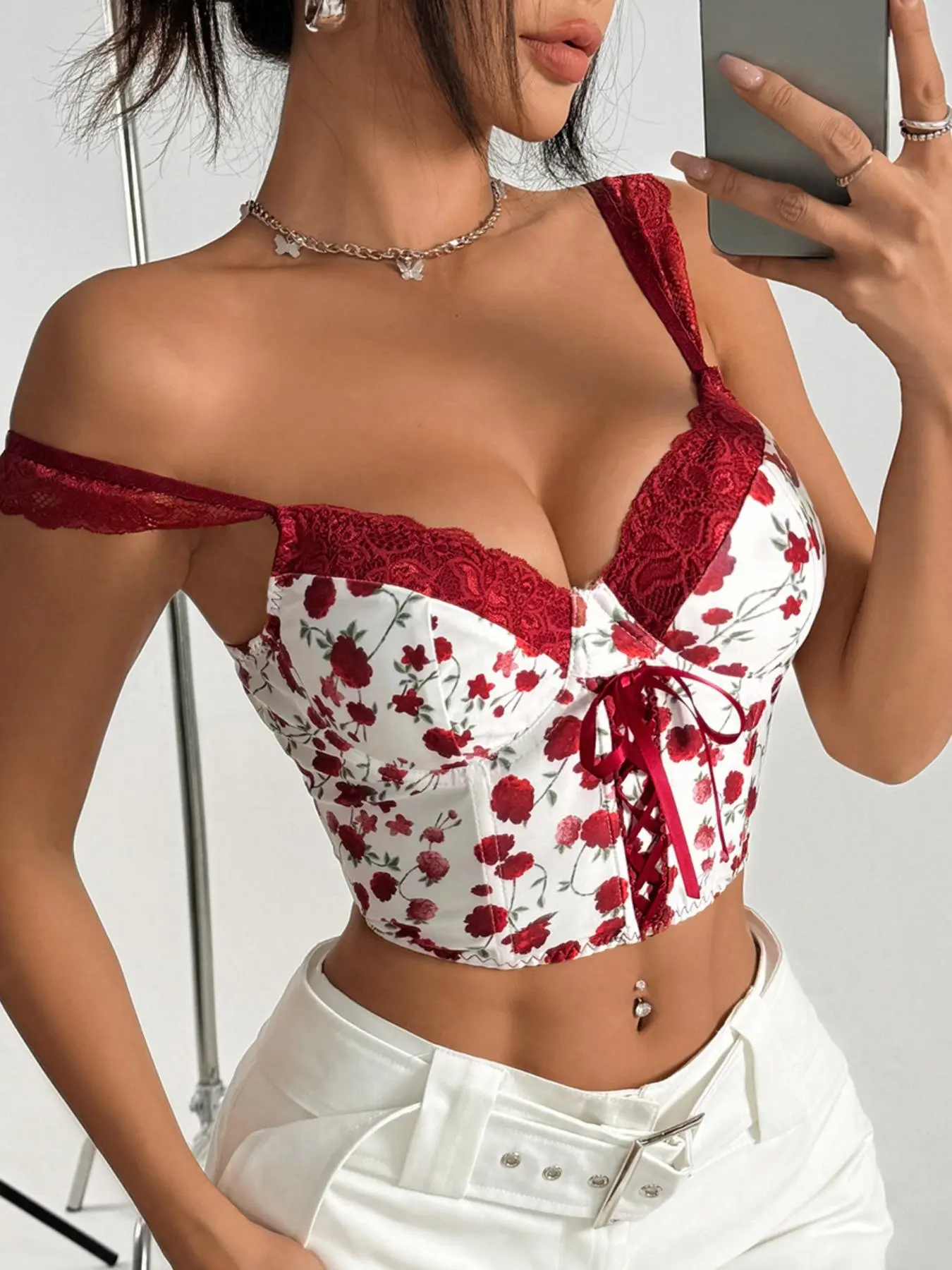 Women's Floral Print Lace Trim Crop Tank Top, Fashion Casual Sleeveless Top for Daily Outdoor Wear, Ladies Clothes for All Seasons