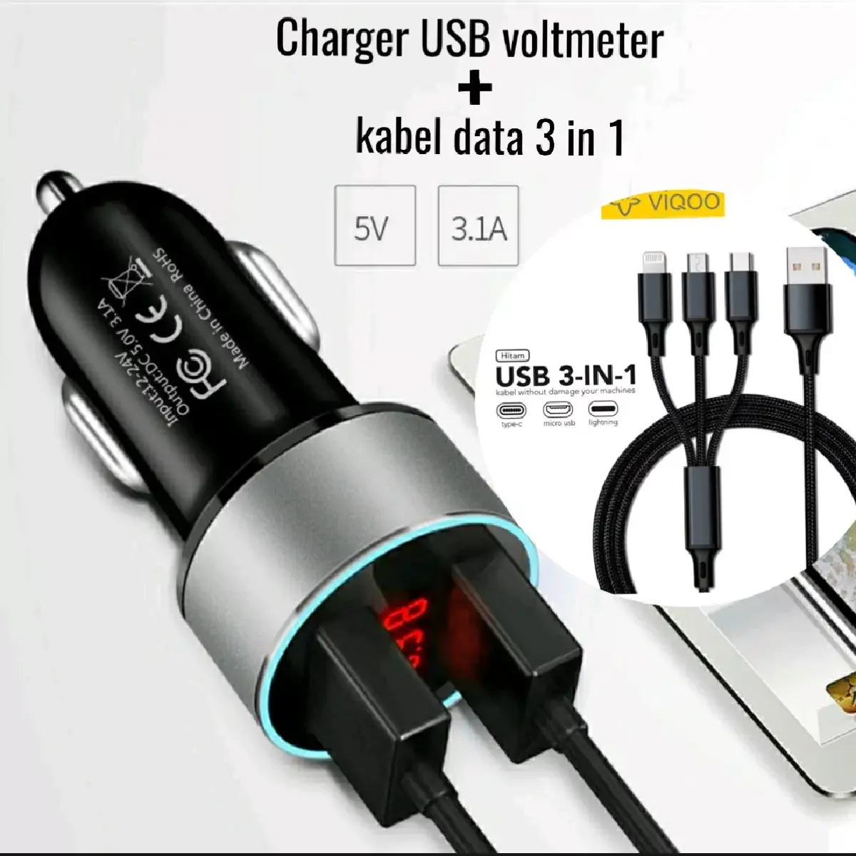 Charger dual usb Led plus kabel data 3in1 untuk motor vario pcx adv beat nmax xmax universal Adaptor