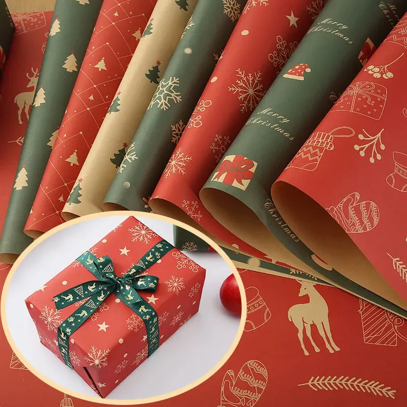 75*50cm Christmas Kraft Wrapping Paper Cartoon Snowman Elk Snowflake Patterns Gifts Packaging Papers DIY Xmas New Year Decoration