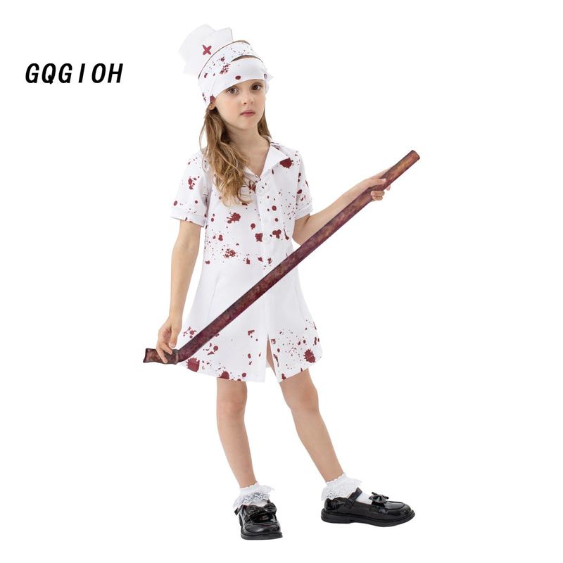 Bloody Nurse Costume for Girls Creepy Short Sleeve Dress Hat Set 2