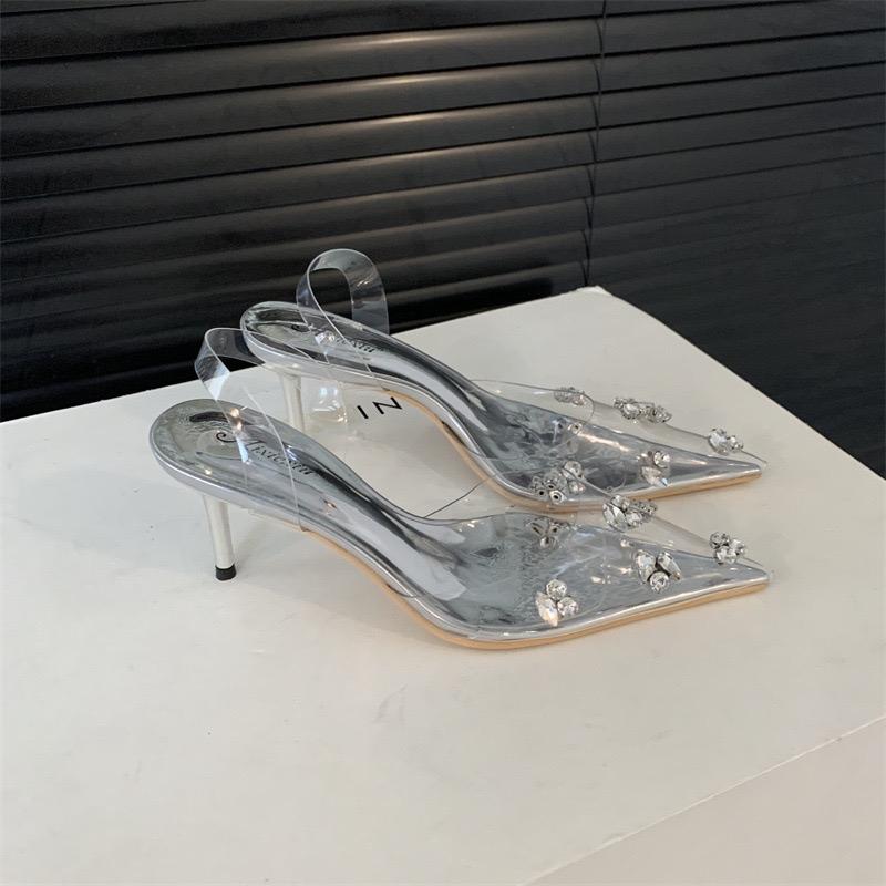 Guốc cao gót Mika trong suốt đính đá gót nhọn 8cm mẫu mới phù hợp đi chơi đi làm đi tiệc phong cách trẻ trung dễ phối đồ chân bè bụ đầy tăng size DéP Nữ Cao Su Shoes Kim Tuyến GiàY Women