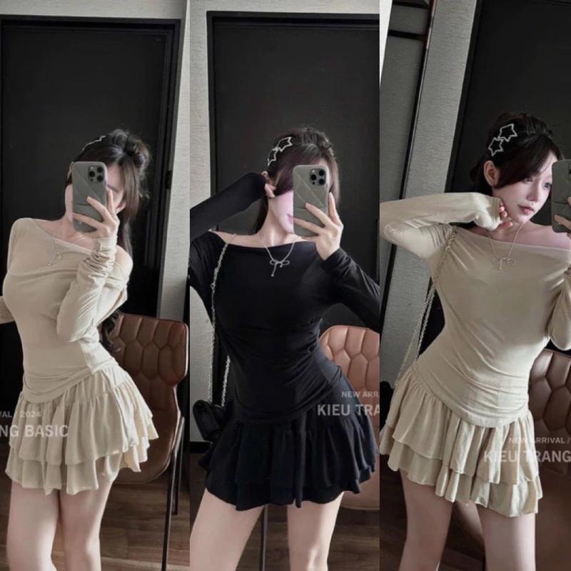 Sét áo lệch vai tay dài MIX chân váy ngắn xoè tầng có quần bảo hộ