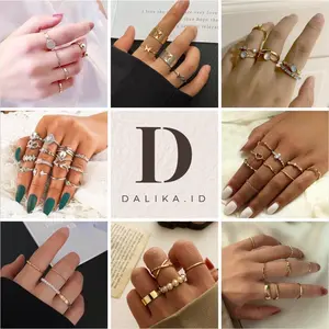 Cincin Set Fashion Korean Mutiara Kristal Gold Silver Aksesoris Wanita Logam