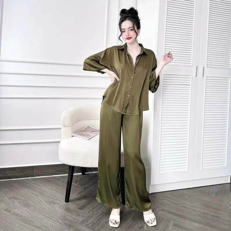 Set Sơ Mi Lụa Latin Tay Lỡ Quần Dài Có Túi (Freesize40-70kg) Women Nữ Áo 1