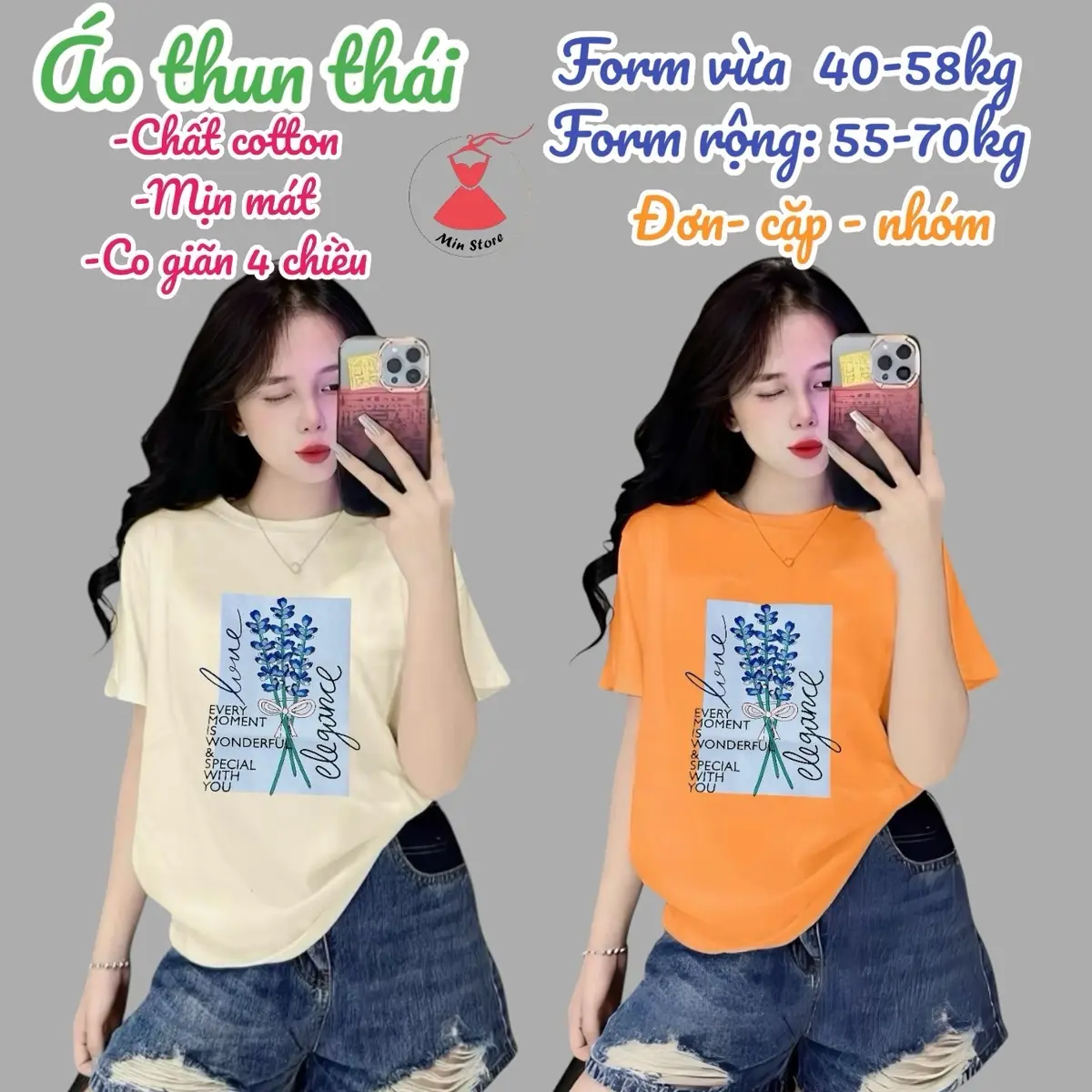 Áo Thun Nữ [Mã A50] -Form vừa 40~58kg, Form rộng 50-73kg [Hoa tím] Top Cổ Tròn Women Cotton Nhung Trắng