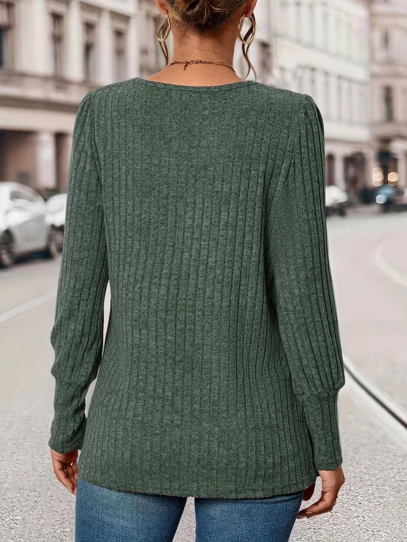 Product Introduction of Women's Plain Split Hem Button Ribbed Tee, Casual Bishop Sleeve Round Neck T-Shirt for Daily Wear, Ladies Clothes for All Seasons 13
