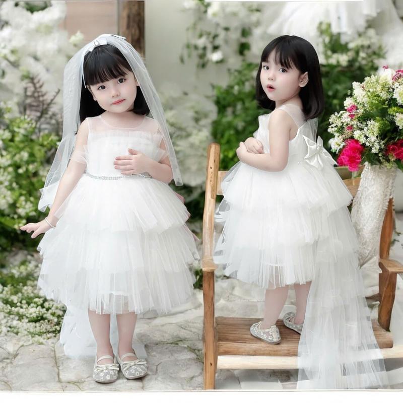 Váy Công Chúa Thiết Kế Kèm Đuôi Dài Siêu Đẹp - Đầm Công Chúa Bé Gái Tặng Kèm Nơ Và Núp Cô Dâu