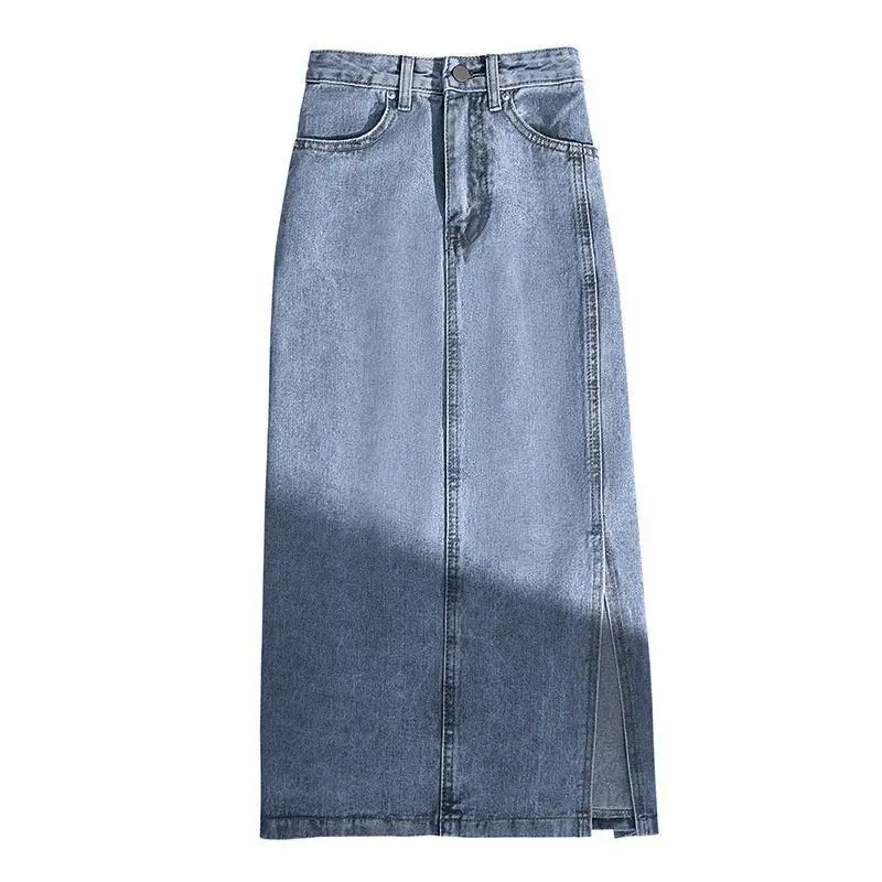 Denim Skirt Women's Mid-Length 2024 Summer New High Waist Elegant Slimming Side Slit Sheath A- line Skirt