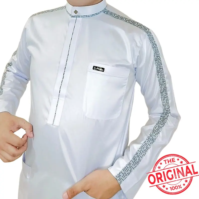 Baju koko Original Saudi Polyester Import lengan panjang putih les tangan abu bintik hitam / Baju Pria Muslim Elit, Mewah, Berkelas dan Berkualitas Alghin Exclusive 23 0