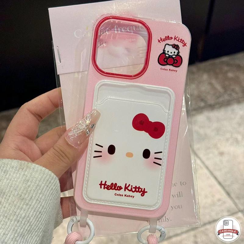 Ốp lưng Hello Kitty nơ dễ thương sáng tạo ngọt ngào Tương thích cho IPhone XR 7Plus 15 16 13 11 14 12 Pro Max X XS Max 16 7 8 6s 6 15 Plus SE 2020 Khe cắm thẻ đôi Vỏ dây buộc 6