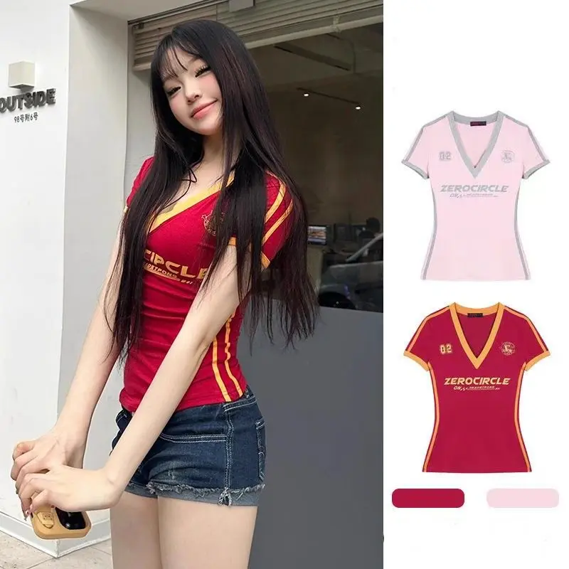 Áo Thun Cổ Chữ V, Phong Cách Mỹ Cổ Điển Chắp Vá Tương Phản, In Chữ, Ngắn Tay, Hàng Có Sẵn