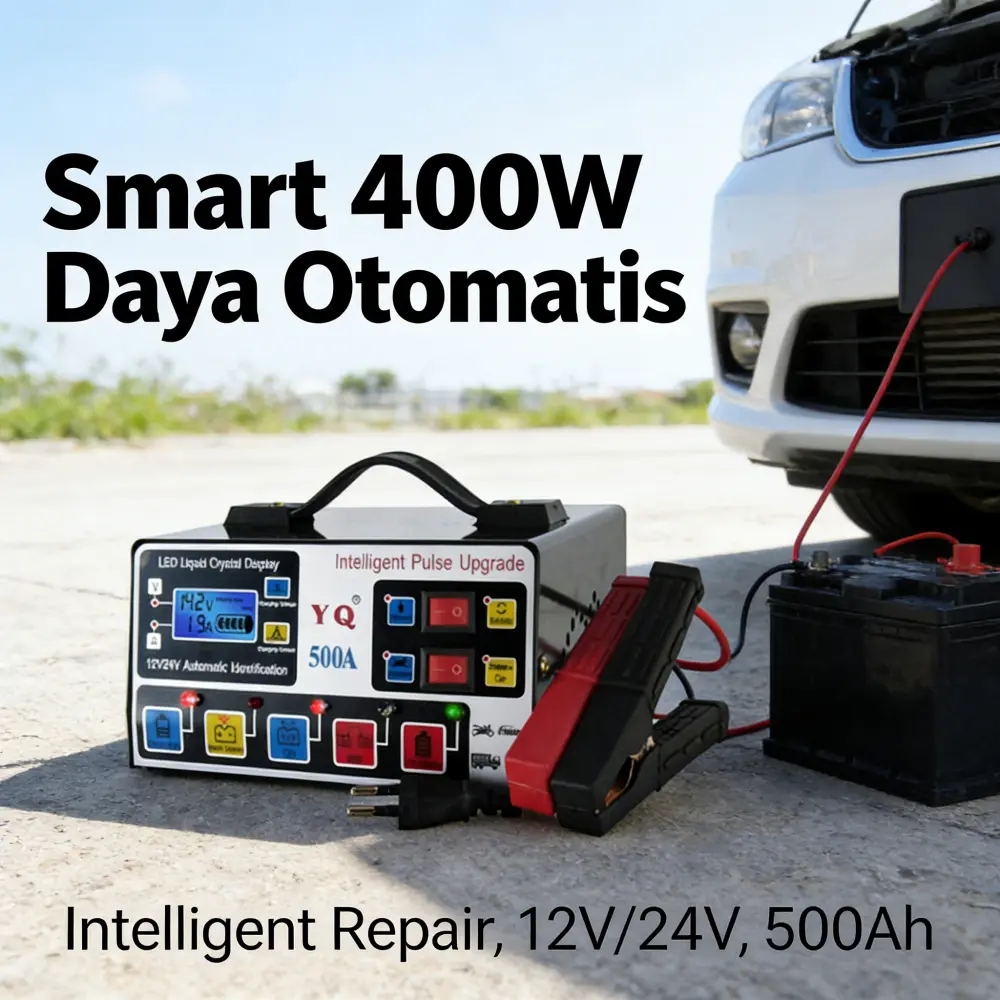 Pemancar Listrik Mobil Otomatis 12V/24V 400W Charger Smart Teknologi Pulse Perbaikan, Tahan Air IPX7, Perlindungan Khusus Baterai Basah & Kering, Model [Model Name], Panjang [Panjang cm], Lebar [Lebar cm]